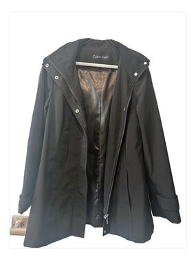 Calvin Klein Women’s SZ M Black Hooded Rain Coat Full Zip/Snap Closure